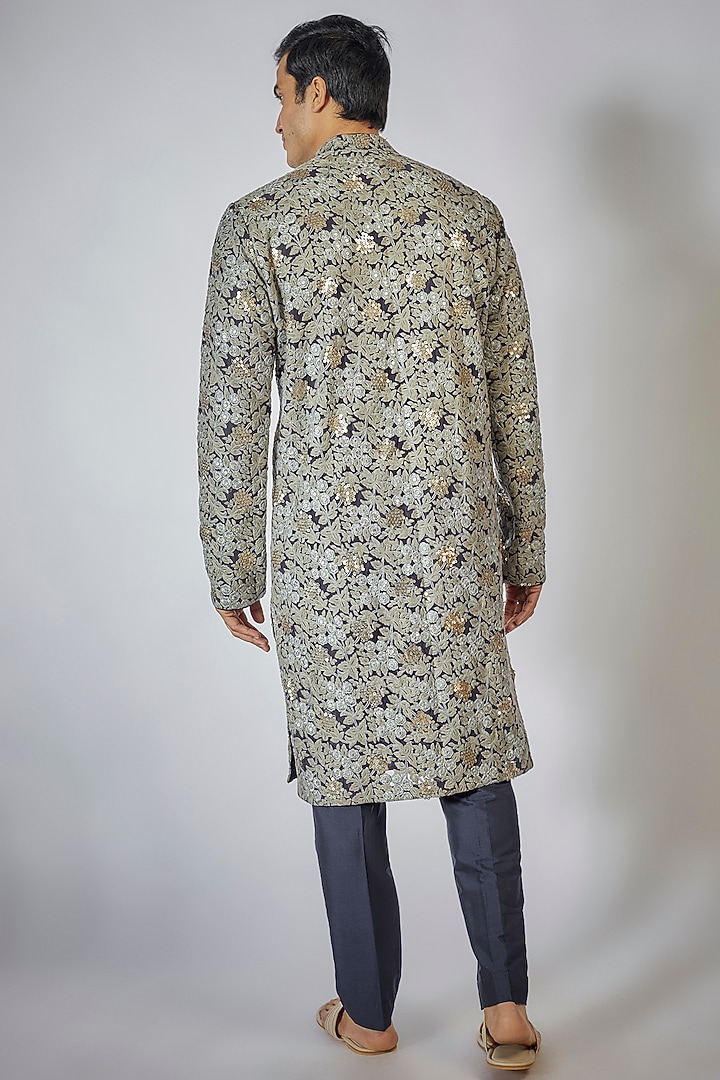 Beige & Navy Floral Printed Kurta Set by Bubber Couture at Pernia's Pop Up Shop