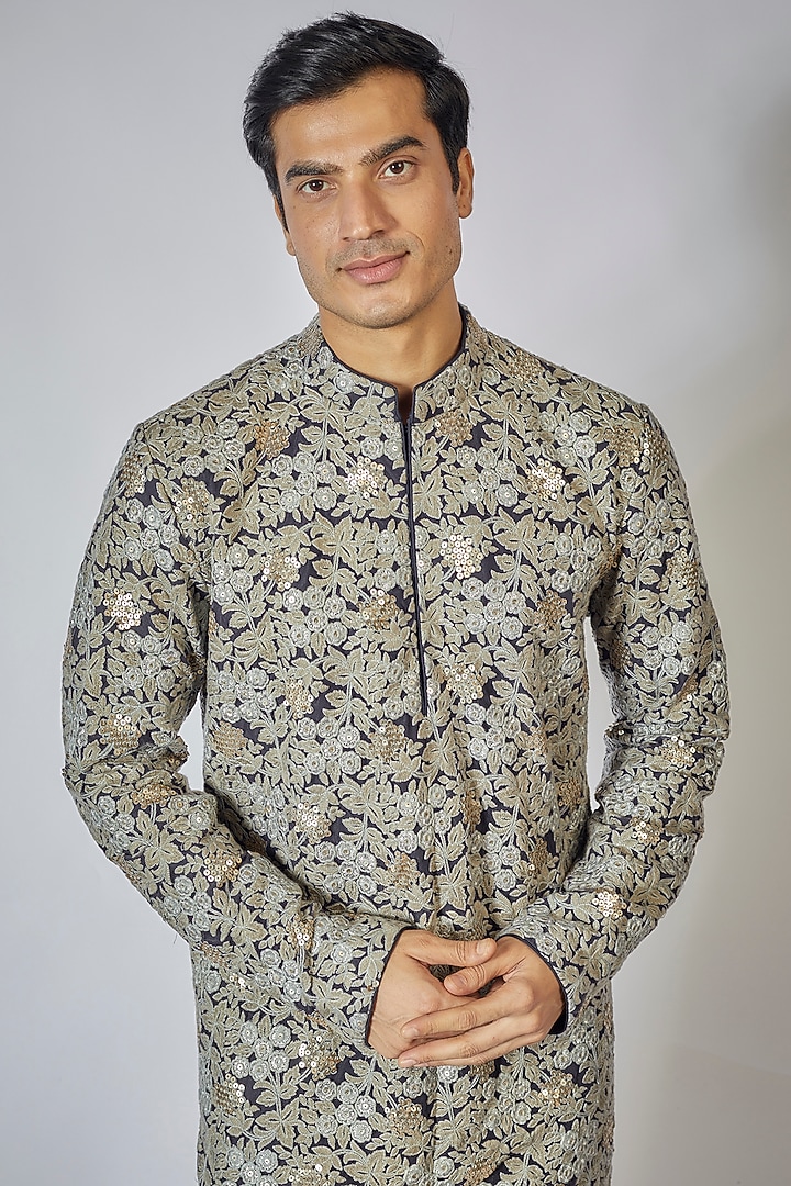 Beige & Navy Floral Printed Kurta Set by Bubber Couture at Pernia's Pop Up Shop