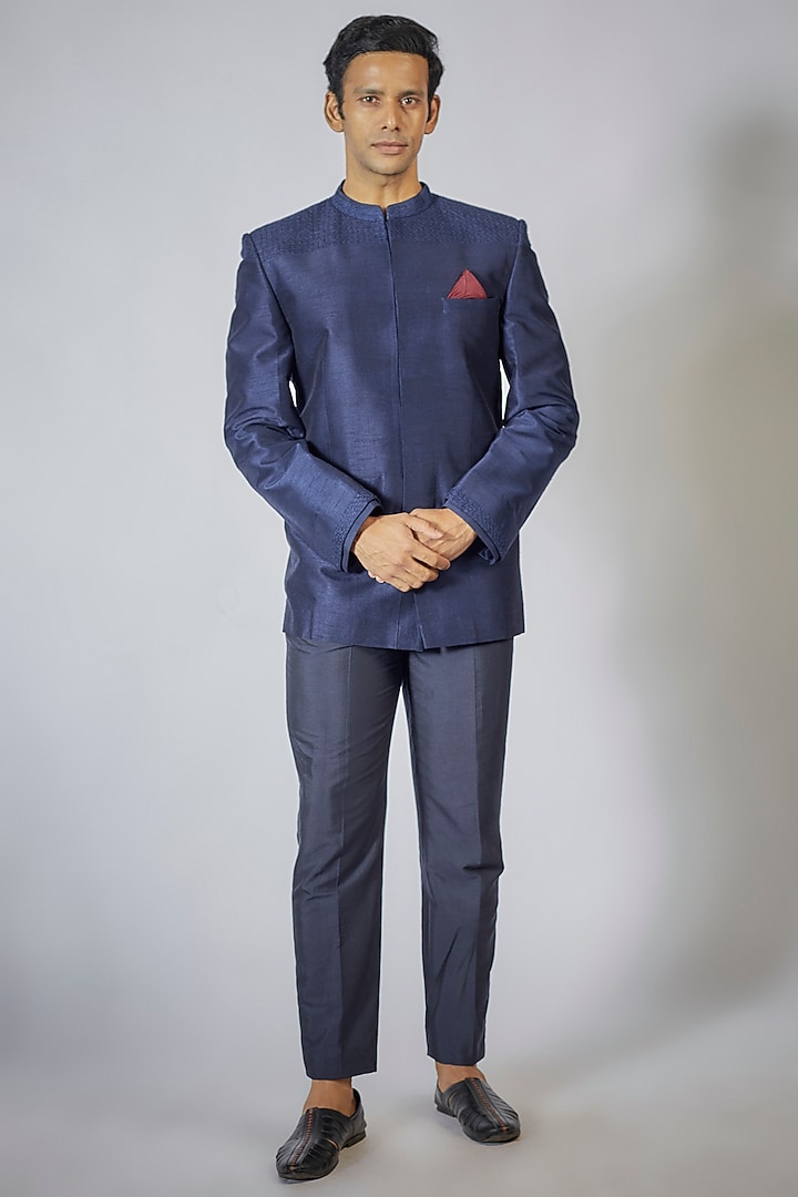 Navy Blue Flat Raw Silk Kantha Embroidered Wedding Bandhgala Jacket by Bubber Couture at Pernia's Pop Up Shop