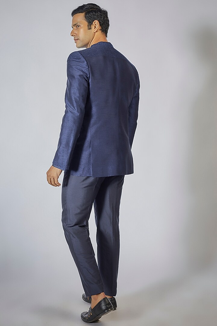 Navy Blue Flat Raw Silk Kantha Embroidered Wedding Bandhgala Jacket by Bubber Couture at Pernia's Pop Up Shop
