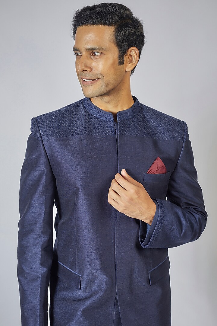 Navy Blue Flat Raw Silk Kantha Embroidered Wedding Bandhgala Jacket by Bubber Couture at Pernia's Pop Up Shop
