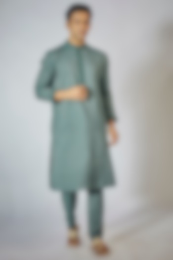 Green & White Cotton Silk Resham Embroidered Anchor Textured Kurta Set by Bubber Couture at Pernia's Pop Up Shop