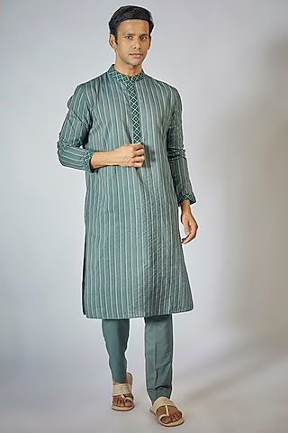 Green & White Cotton Silk Resham Embroidered Anchor Textured Kurta Set by Bubber Couture