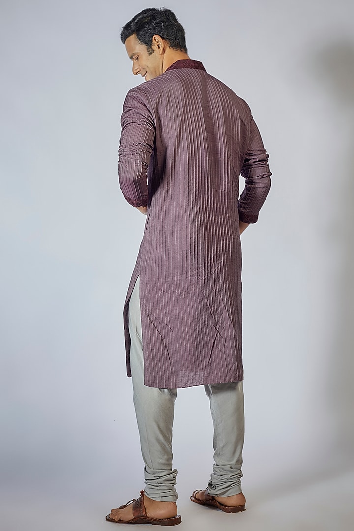 Wine Cotton Silk Resham Embroidered Pintuck Textured Kurta Set by Bubber Couture at Pernia's Pop Up Shop