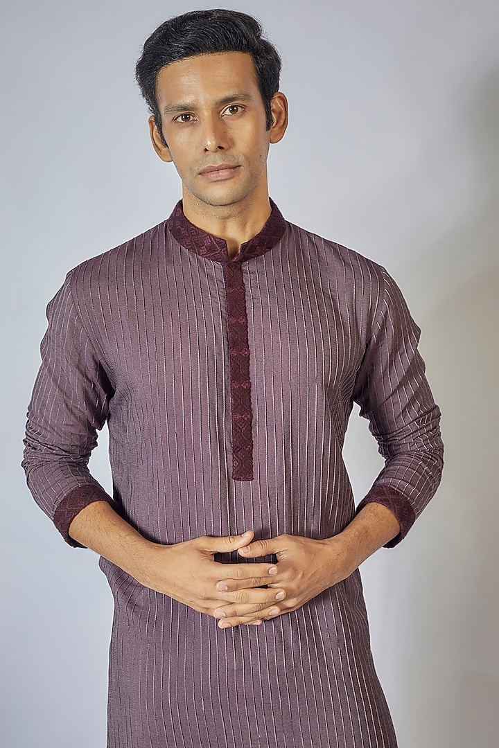 Wine Cotton Silk Resham Embroidered Pintuck Textured Kurta Set by Bubber Couture at Pernia's Pop Up Shop