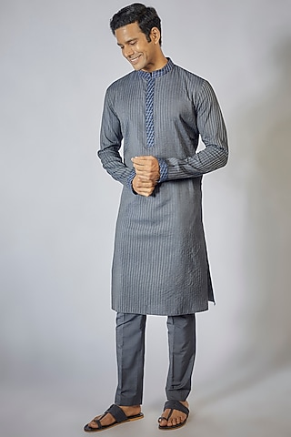 Grey & Off-White Cotton Silk Resham Embroidered Pintuck Kurta Set by Bubber Couture