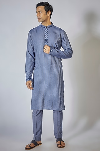 Denim Blue & Off-White Cotton Silk Resham Embroidered Pintuck Kurta Set by Bubber Couture