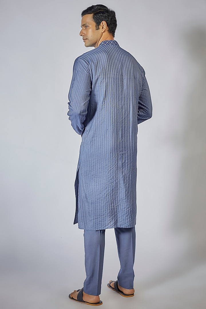 Denim Blue & Off-White Cotton Silk Resham Embroidered Pintuck Kurta Set by Bubber Couture at Pernia's Pop Up Shop