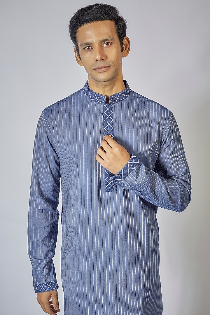 Denim Blue & Off-White Cotton Silk Resham Embroidered Pintuck Kurta Set by Bubber Couture at Pernia's Pop Up Shop