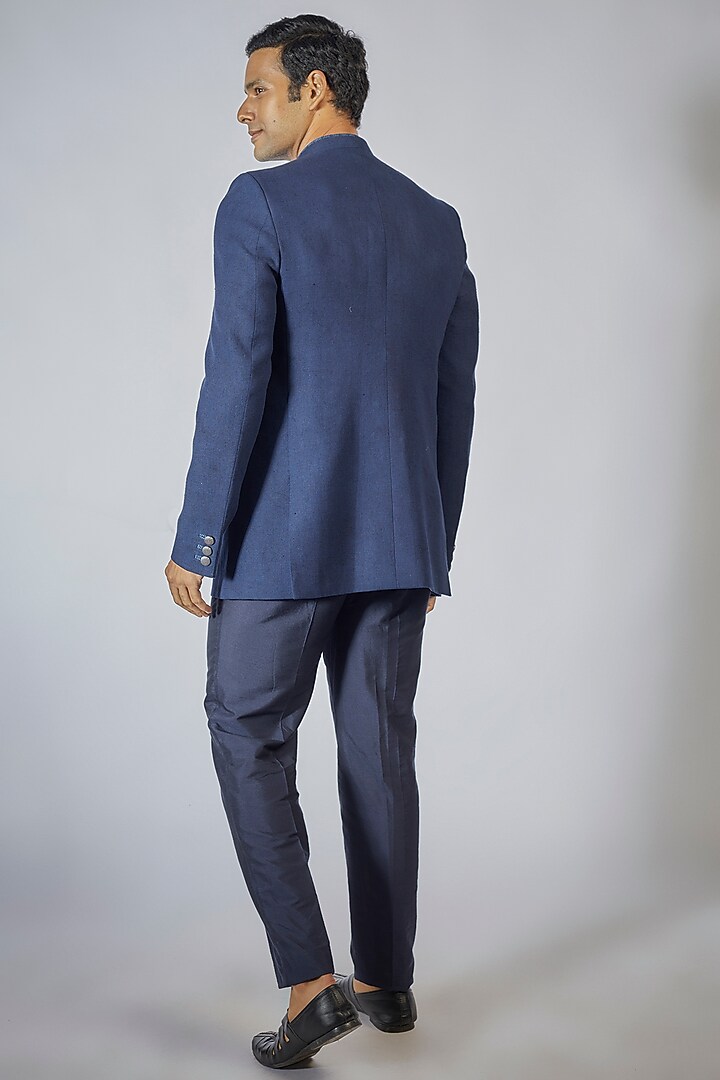 Navy Blue Matka Silk Layered Groom Bandhgala Jacket by Bubber Couture at Pernia's Pop Up Shop