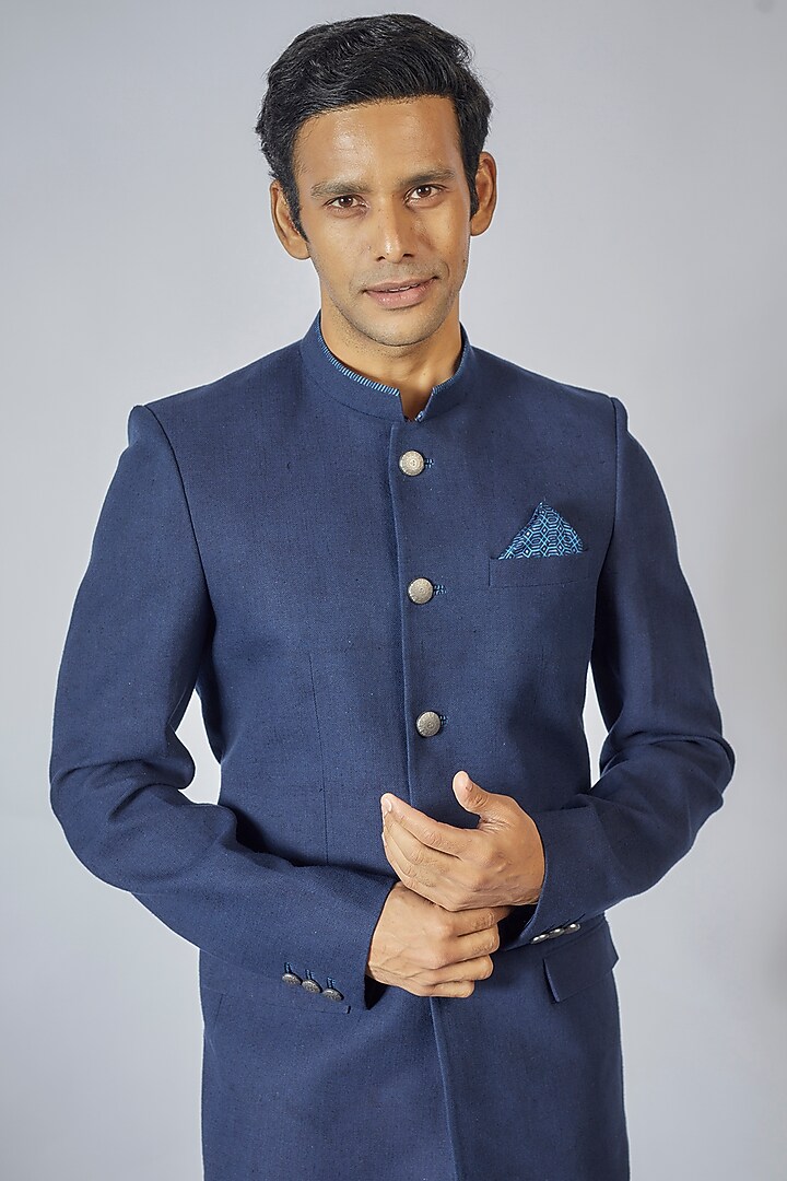Navy Blue Matka Silk Layered Groom Bandhgala Jacket by Bubber Couture at Pernia's Pop Up Shop