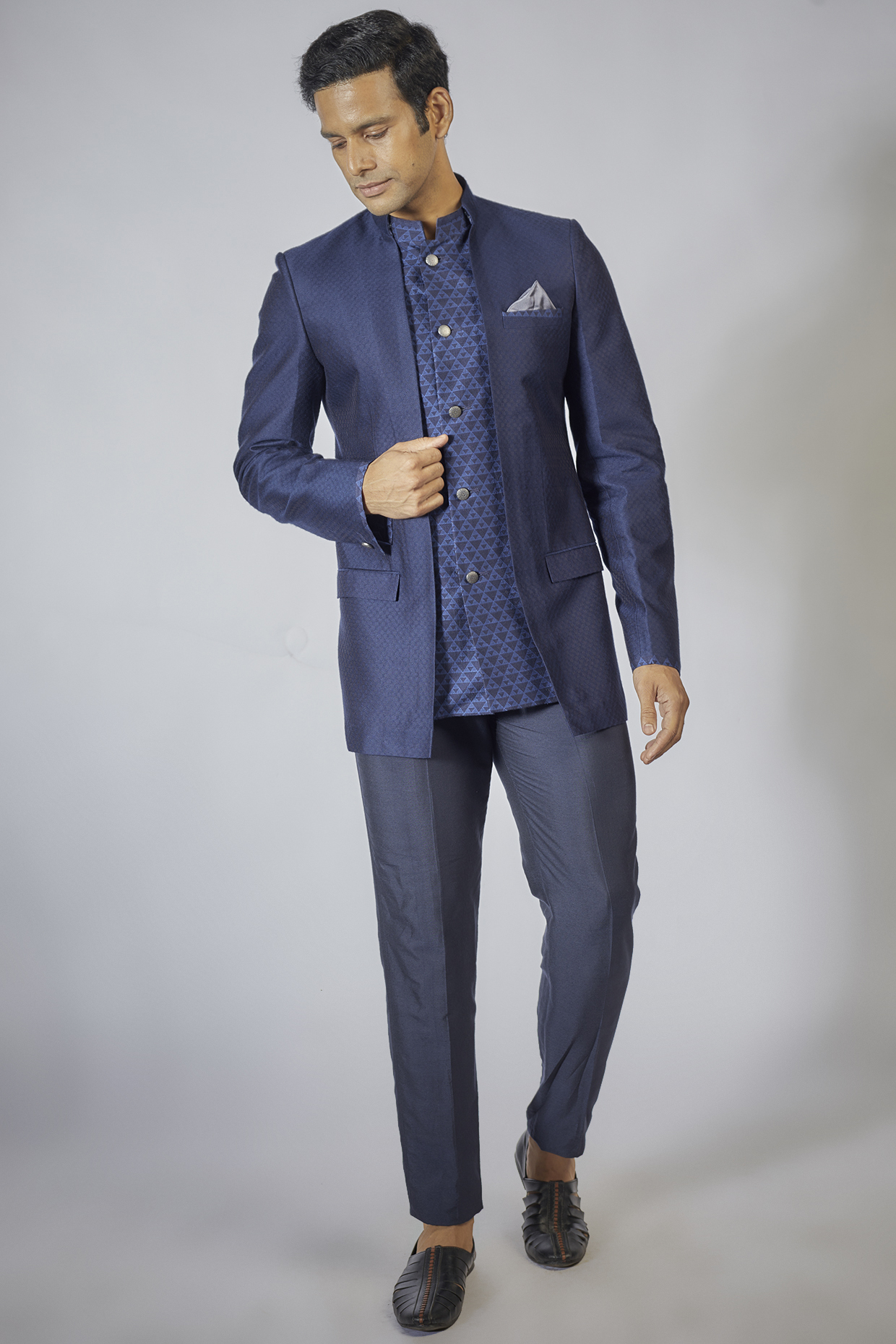 Navy Blue Jacquard Silk Digital Printed Layered Bandhgala Jacket by Bubber Couture