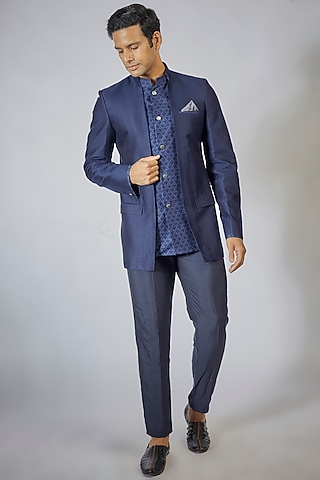 Navy Blue Jacquard Silk Digital Printed Layered Bandhgala Jacket by Bubber Couture