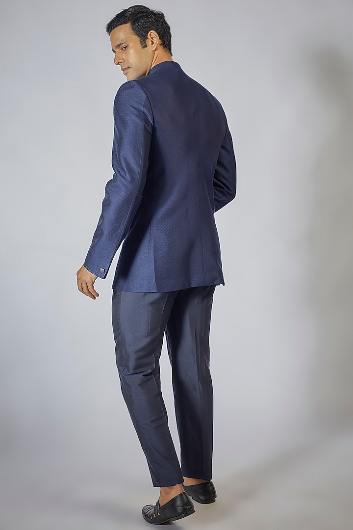 Navy Blue Jacquard Silk Digital Printed Layered Groom Bandhgala Jacket by Bubber Couture at Pernia's Pop Up Shop