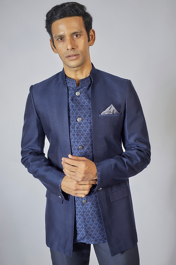 Navy Blue Jacquard Silk Digital Printed Layered Groom Bandhgala Jacket by Bubber Couture at Pernia's Pop Up Shop