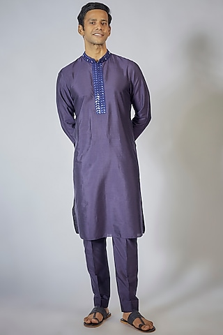 Purple Cotton Silk Mirror Embroidered Kurta Set by Bubber Couture