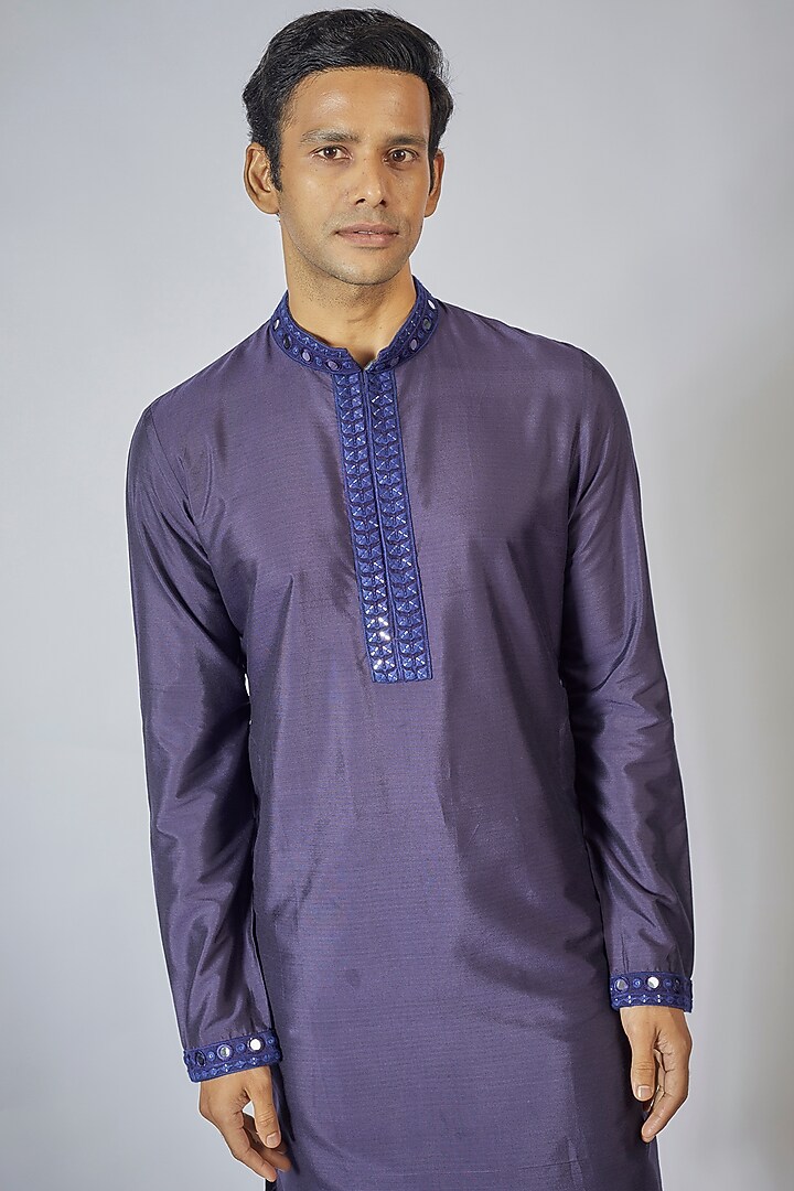 Purple Cotton Silk Mirror Embroidered Kurta Set by Bubber Couture at Pernia's Pop Up Shop