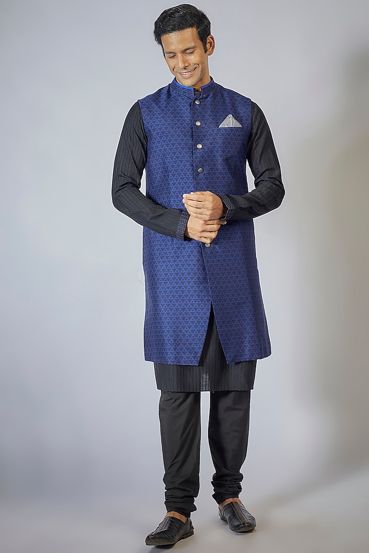 Blue Flat Raw Silk Digital Printed Sleeveless Sherwani by Bubber Couture