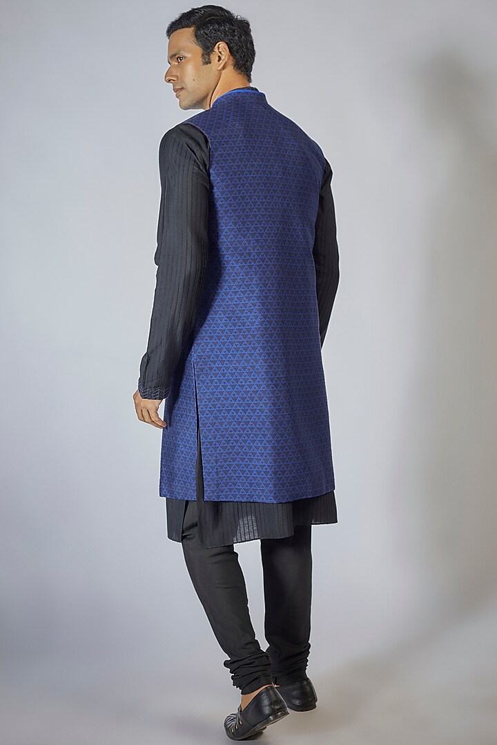 Blue Flat Raw Silk Digital Printed Sleeveless Wedding Sherwani by Bubber Couture at Pernia's Pop Up Shop