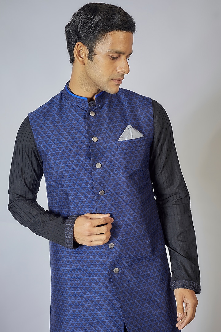 Blue Flat Raw Silk Digital Printed Sleeveless Wedding Sherwani by Bubber Couture at Pernia's Pop Up Shop