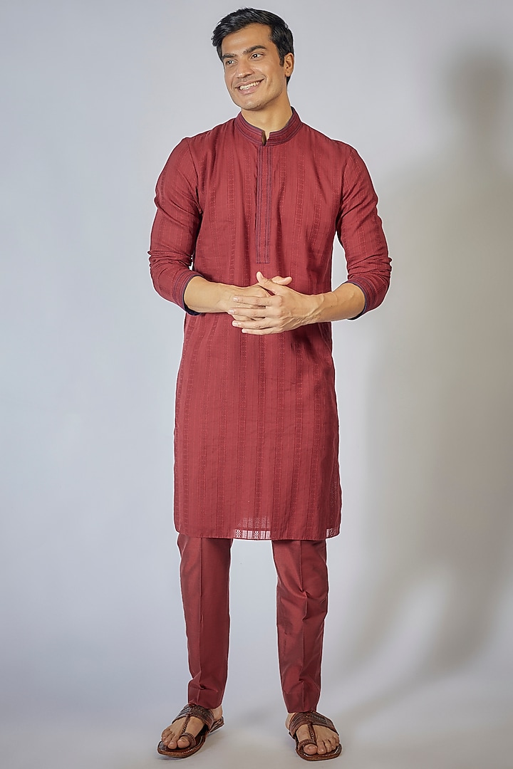 Maroon Cotton Striped Kurta Set by Bubber Couture