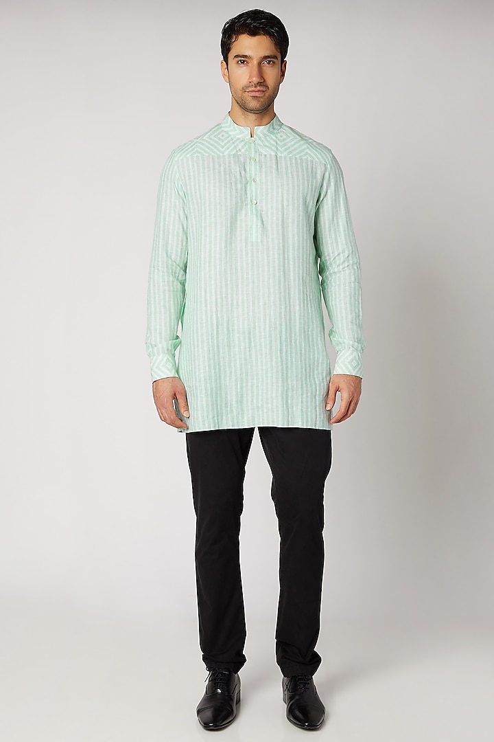 Mint Green Striped Shirt Kurta by Bubber Couture