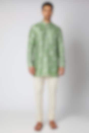 Sage Green Flat Raw Silk Printed Shirt Kurta by Bubber Couture at Pernia's Pop Up Shop