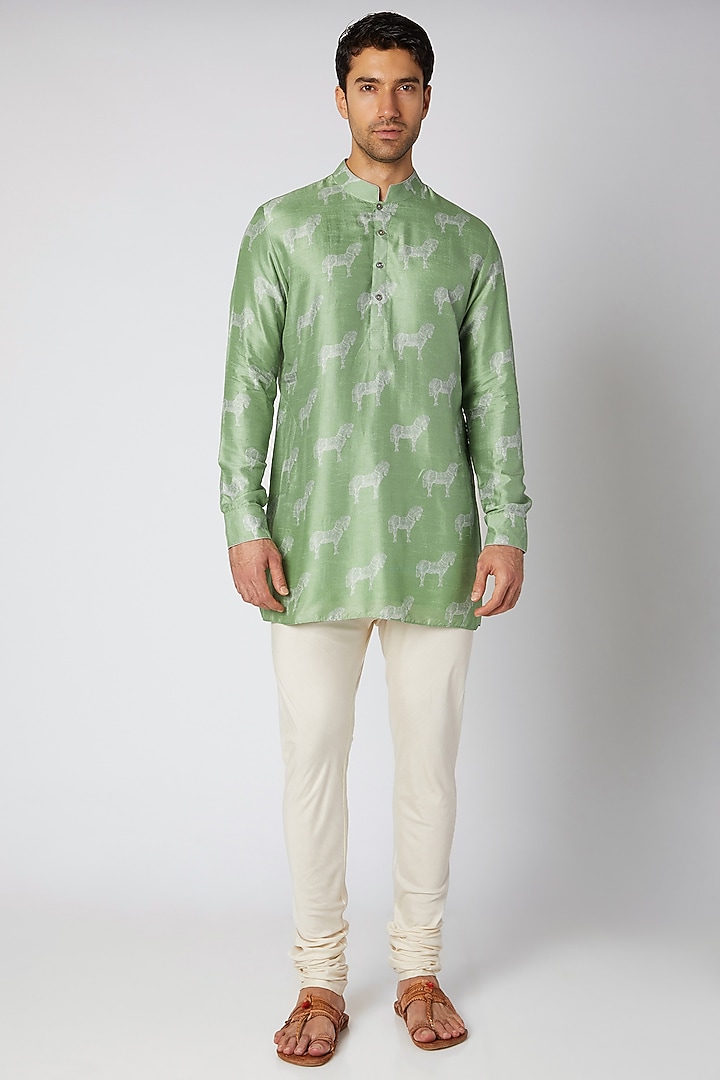 Sage Green Flat Raw Silk Printed Shirt Kurta by Bubber Couture at Pernia's Pop Up Shop