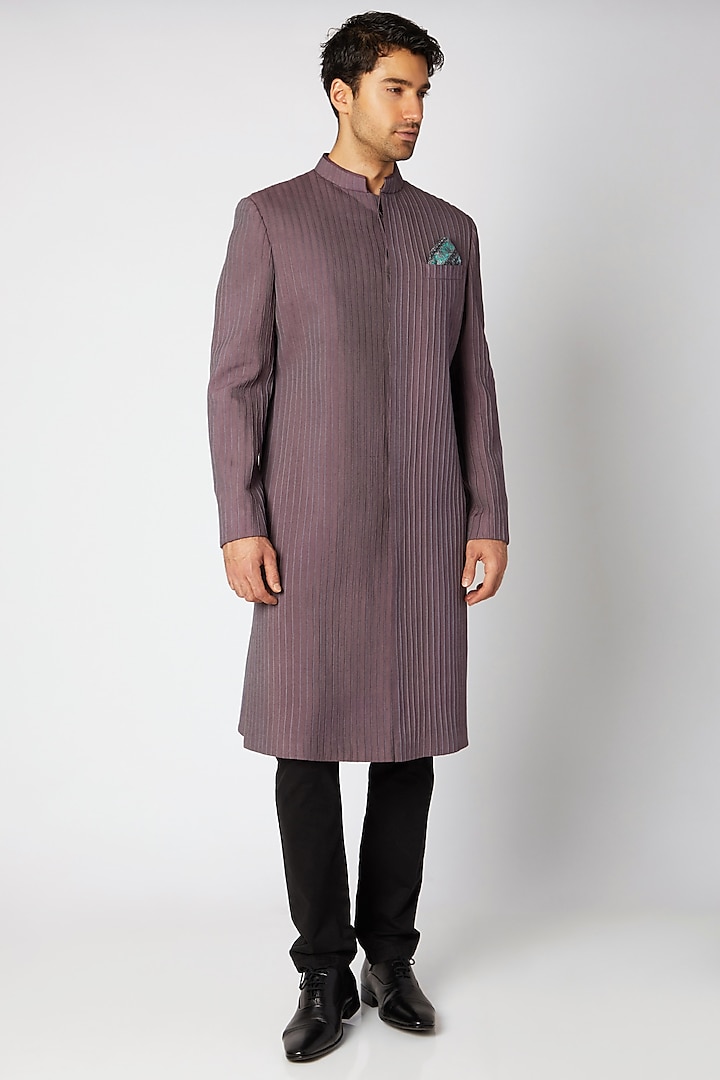 Mauve & Blue Pintucked Sherwani by Bubber Couture