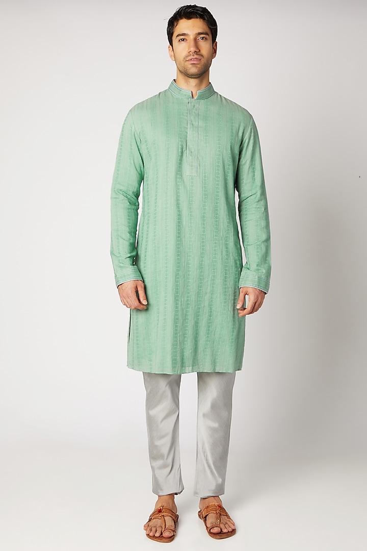 Green Striped Kurta With Grey Pants by Bubber Couture