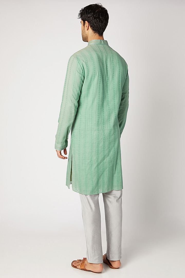 Green Cotton Lace Striped Kurta Set by Bubber Couture at Pernia's Pop Up Shop