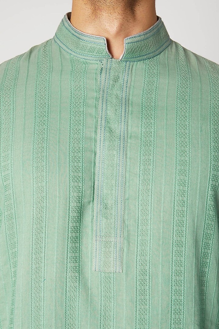 Green Cotton Lace Striped Kurta Set by Bubber Couture at Pernia's Pop Up Shop