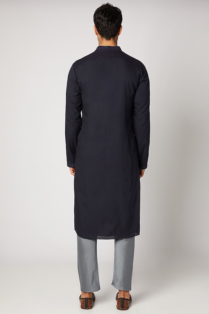 Navy Blue Blue Dobby Silk Kurta Set by Bubber Couture at Pernia's Pop Up Shop