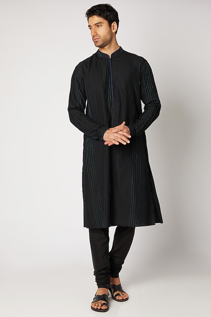 Black & Blue Pintucked Kurta Set by Bubber Couture at Pernia's Pop Up Shop