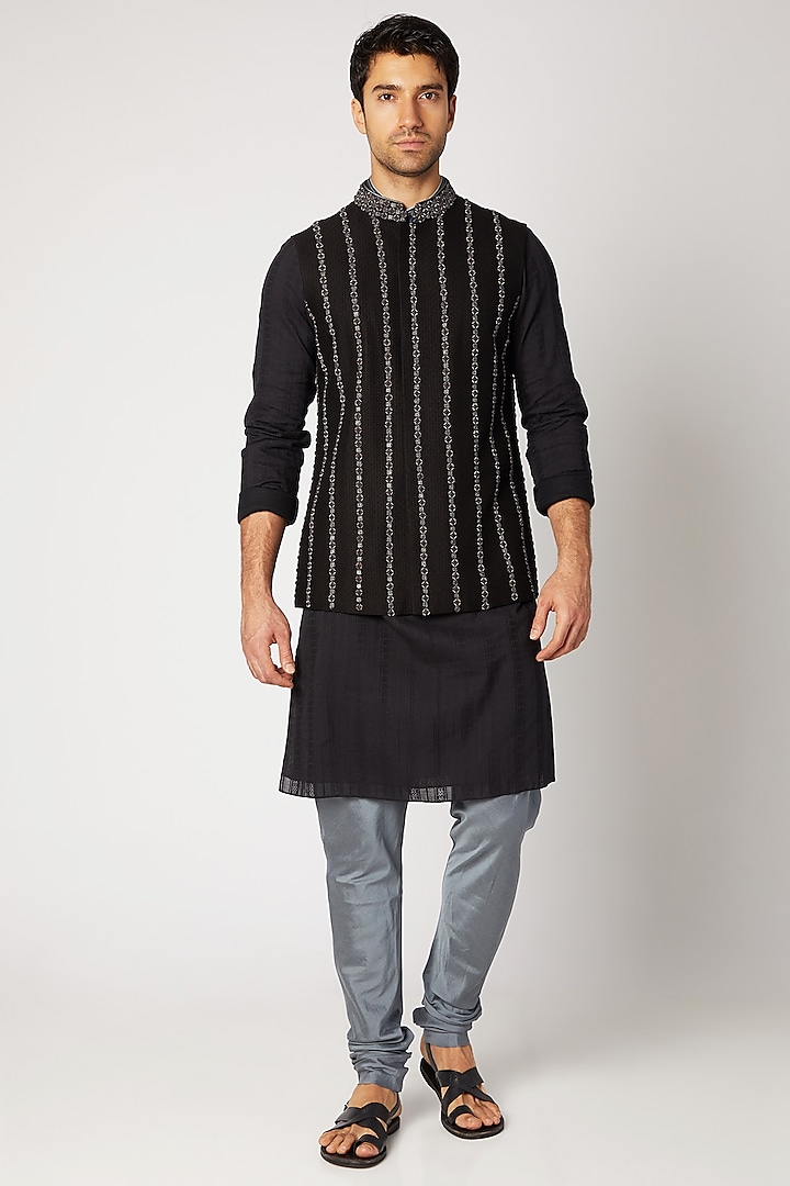 Black Striped Embroidered Bundi Jacket by Bubber Couture