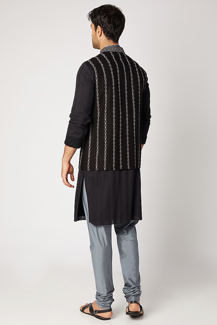 Black Jacquard Silk Zardosi Embroidered Bundi Jacket by Bubber Couture at Pernia's Pop Up Shop