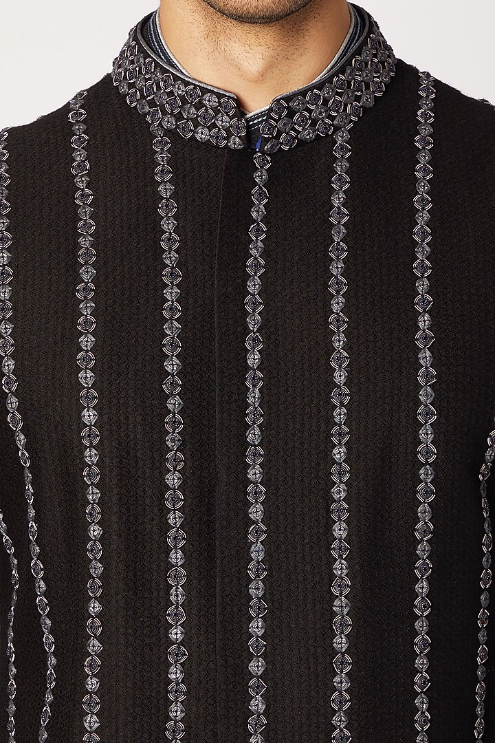 Black Jacquard Silk Zardosi Embroidered Bundi Jacket by Bubber Couture at Pernia's Pop Up Shop