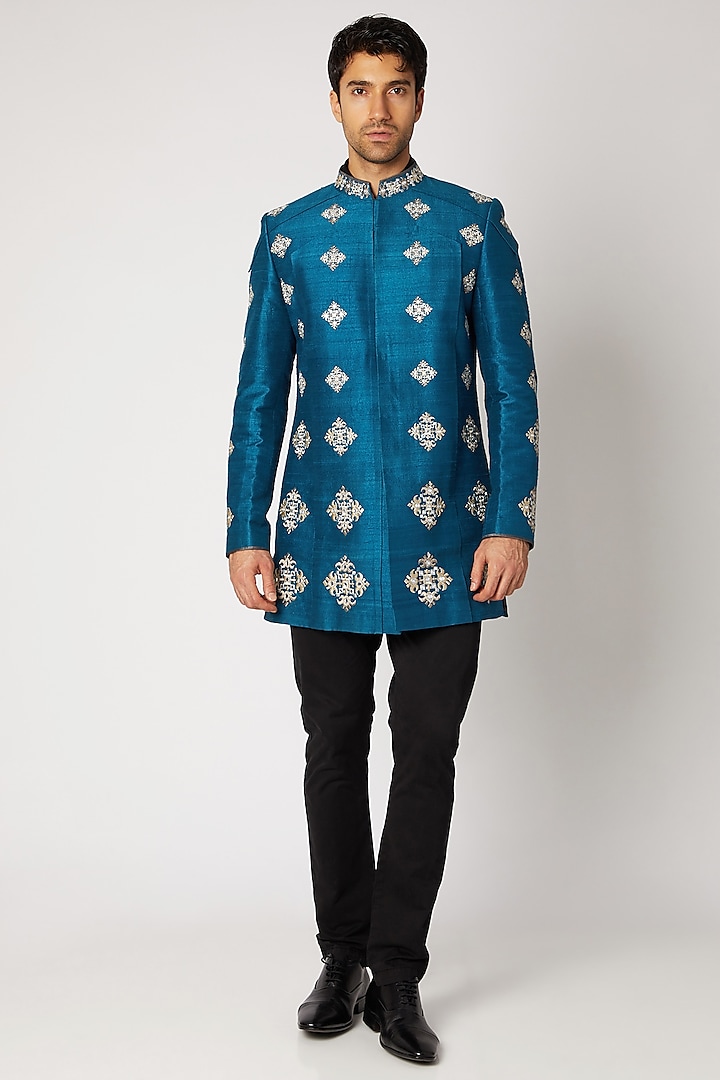 Peacock Blue Embroidered Achkan Jacket by Bubber Couture