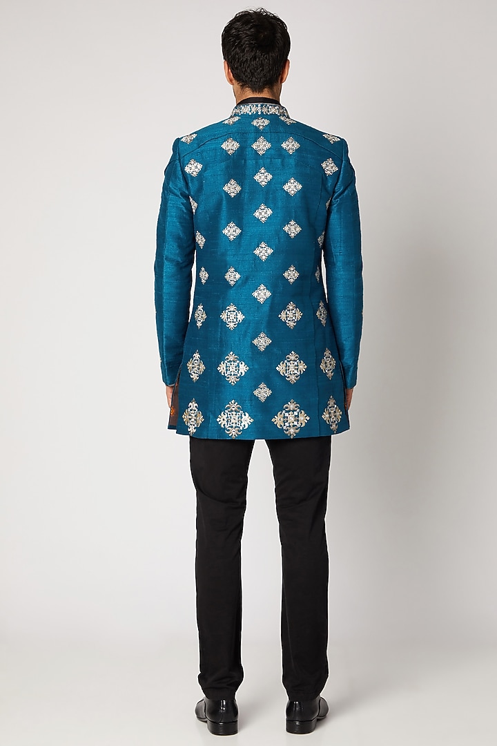 Peacock Blue Embroidered Achkan Jacket by Bubber Couture at Pernia's Pop Up Shop