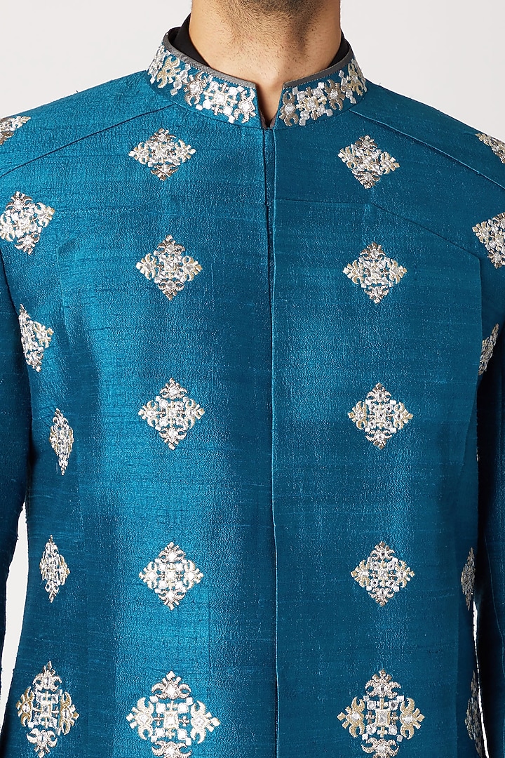 Peacock Blue Embroidered Achkan Jacket by Bubber Couture at Pernia's Pop Up Shop