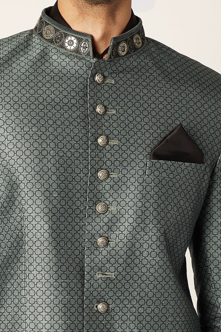 Grey Embroidered & Printed Wedding Bandhgala Jacket by Bubber Couture at Pernia's Pop Up Shop