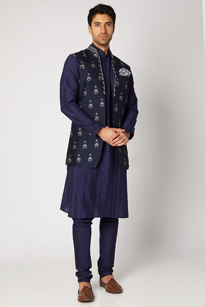 Navy Blue Embroidered Bundi Jacket by Bubber Couture