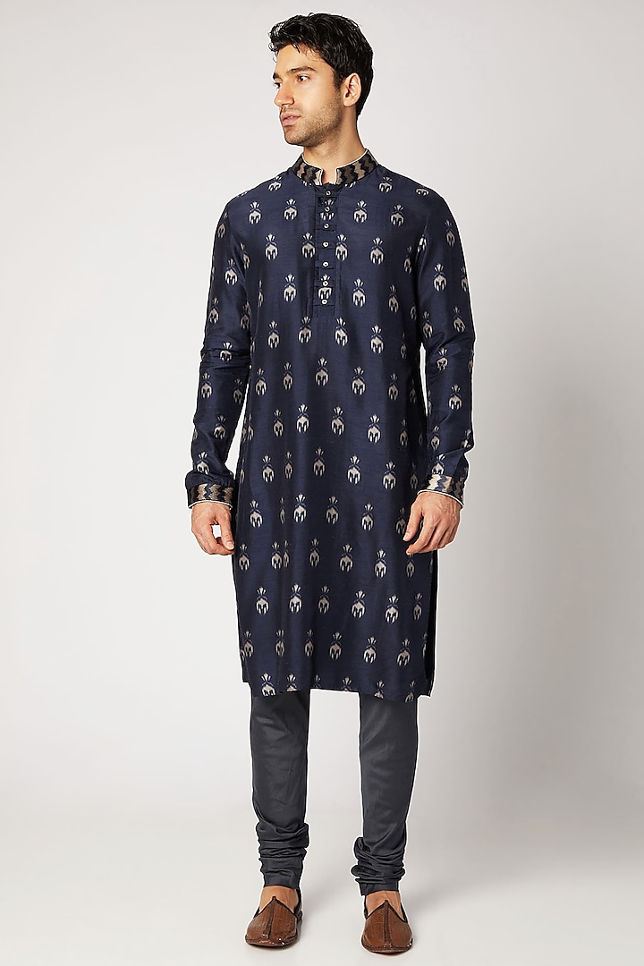 Prussian Blue Embroidered & Printed Kurta Set by Bubber Couture