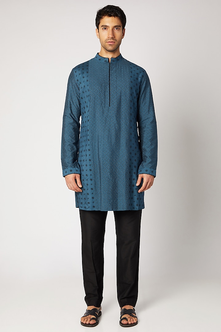 Teal Blue Printed Kurta Set by Bubber Couture