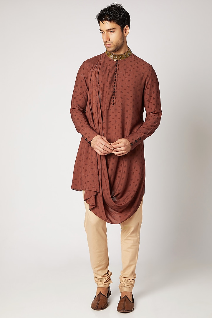 Maroon Embroidered Draped Kurta Set by Bubber Couture
