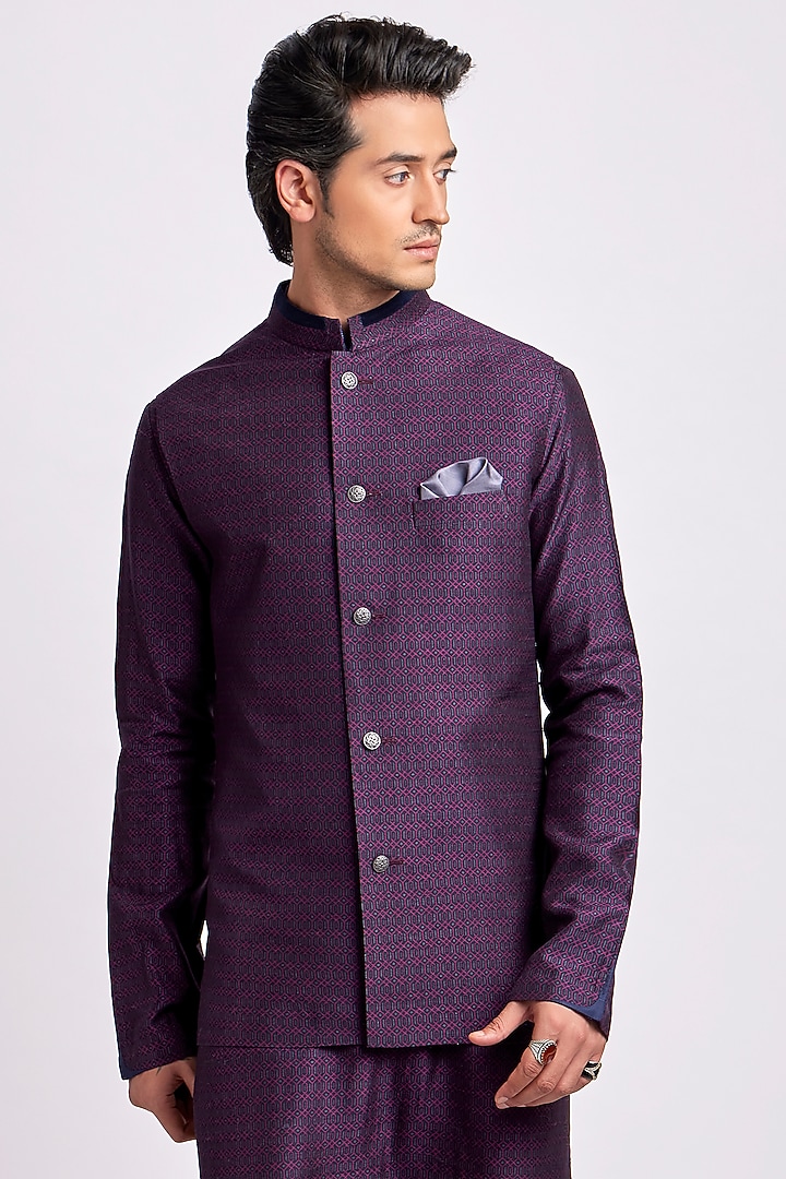 Wine Flat Raw Silk Digital Printed Bundi Jacket by Bubber Couture at Pernia's Pop Up Shop