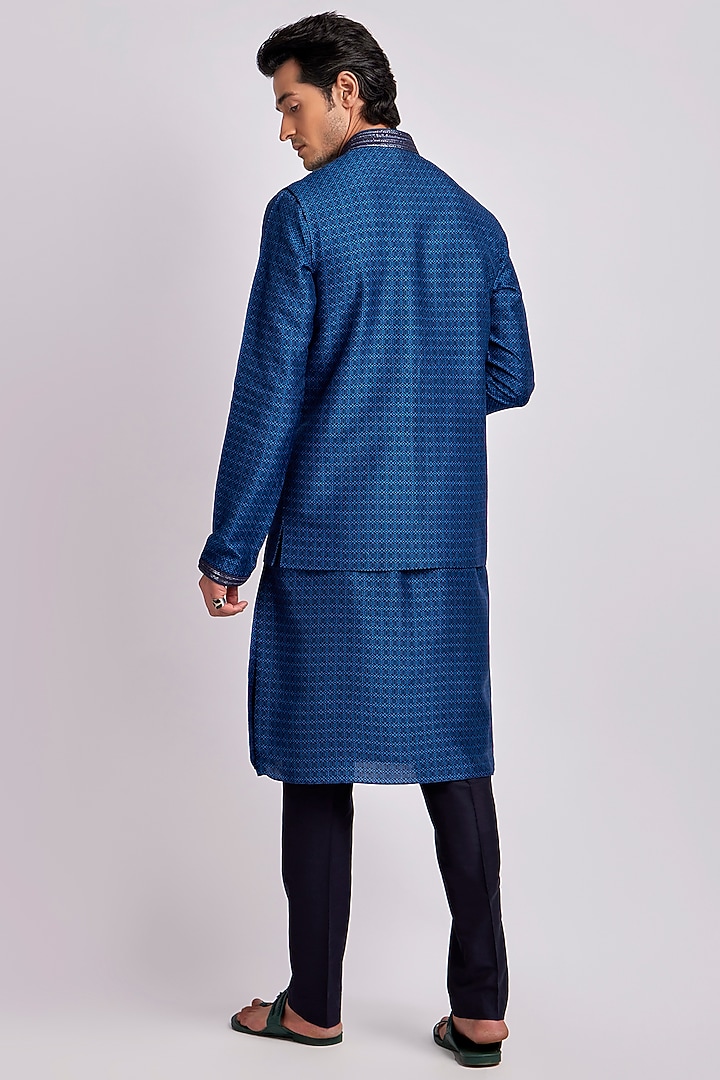 Teal Flat Raw Silk Digital Printed Bundi Jacket by Bubber Couture at Pernia's Pop Up Shop