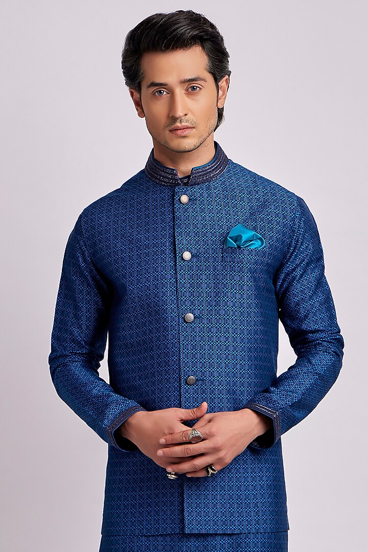 Teal Flat Raw Silk Digital Printed Bundi Jacket by Bubber Couture at Pernia's Pop Up Shop