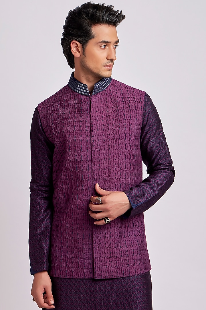 Wine Cotton Silk Textured Bundi Jacket by Bubber Couture at Pernia's Pop Up Shop