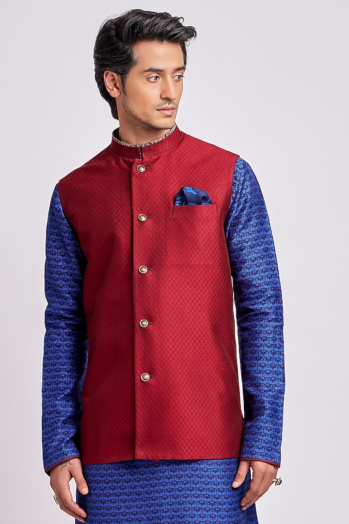 Merlot Jacquard Silk Geometric Printed Bundi Jacket by Bubber Couture at Pernia's Pop Up Shop